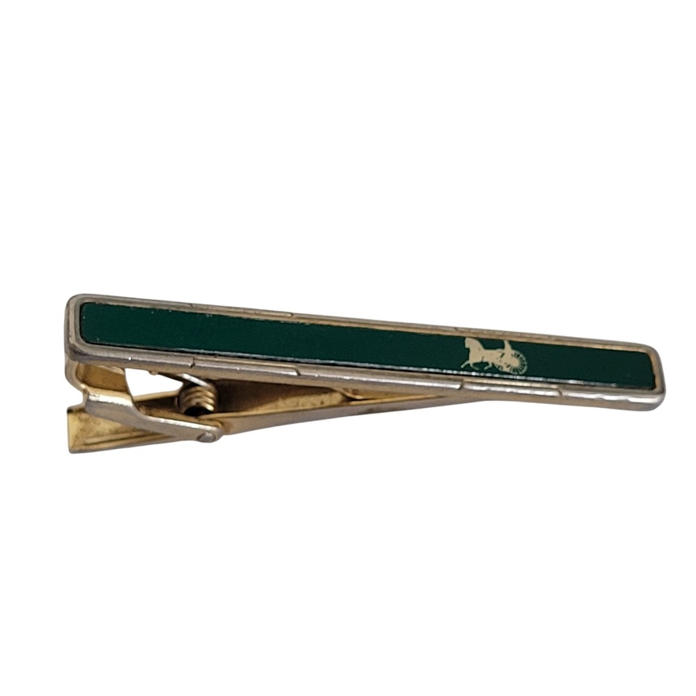 Vintage Celine Gold Tone Green Enamel Horse Carriage Logo Tie Bar Clip 2 Inch